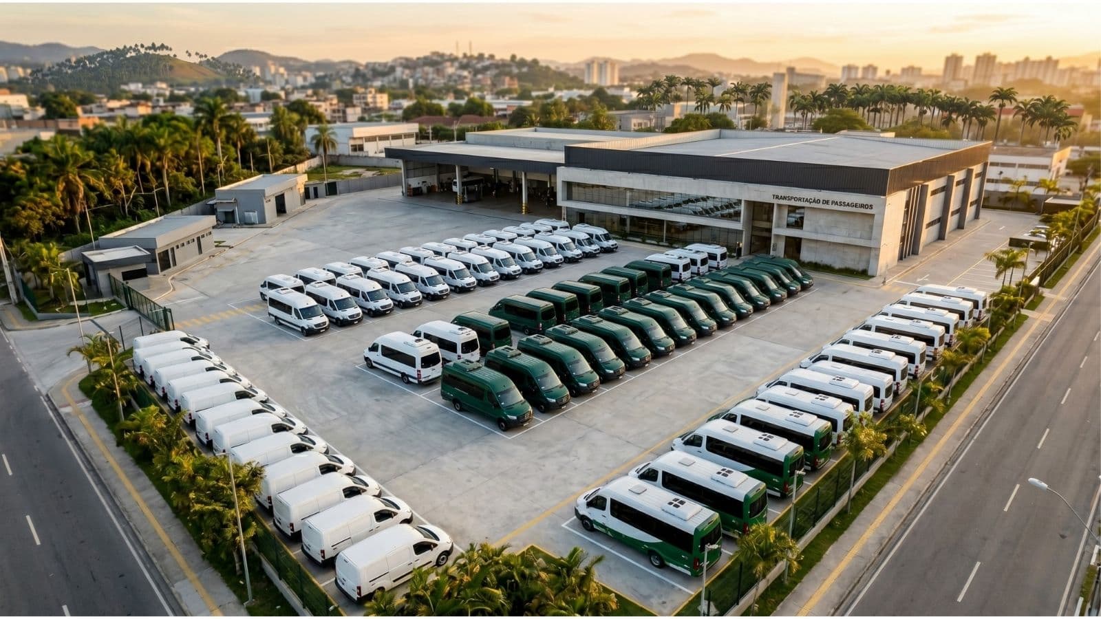 Vista aérea de pátio com frota mista de vans, micro-ônibus e ônibus de transporte de passageiros enfileirados em luz dourada do amanhecer