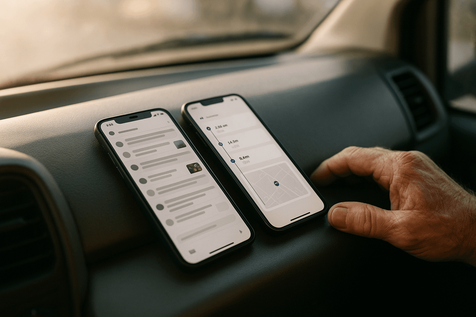 Dois celulares lado a lado no painel de uma van, sob luz natural da manhã: o da esquerda mostra um app de mensagens lotado de conversas e fotos soltas; o da direita, um app de trabalho organizado com as etapas do serviço numa linha do tempo com horários e um mini-mapa com o marcador do veículo. À direita, a mão de um motorista repousa no painel.