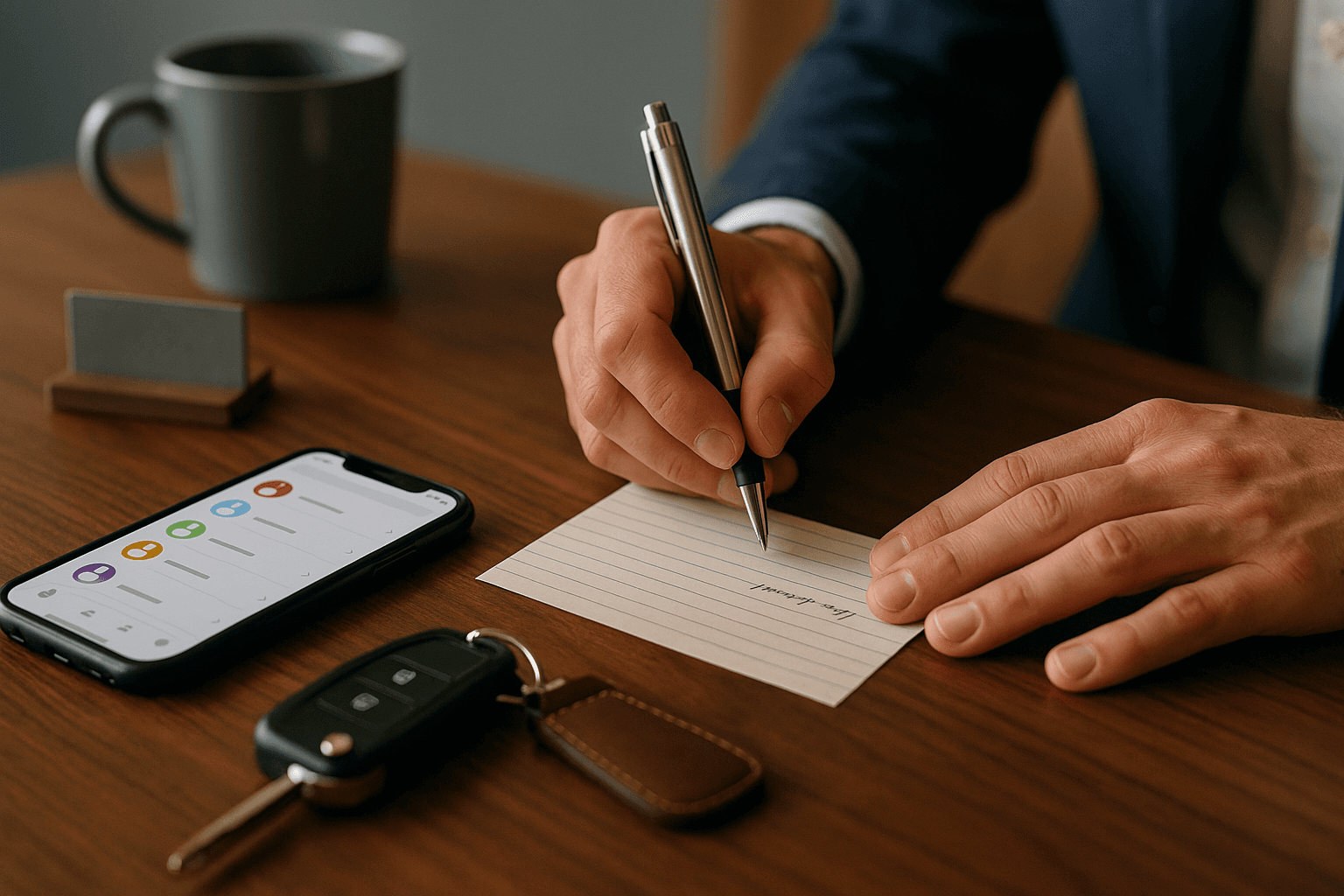 Mão de um atendente escrevendo à mão os dados de um cliente em uma ficha pautada com caneta, ao lado de um celular com a lista de contatos aberta, a chave de um veículo com chaveiro de couro e uma xícara de café sobre uma mesa de madeira