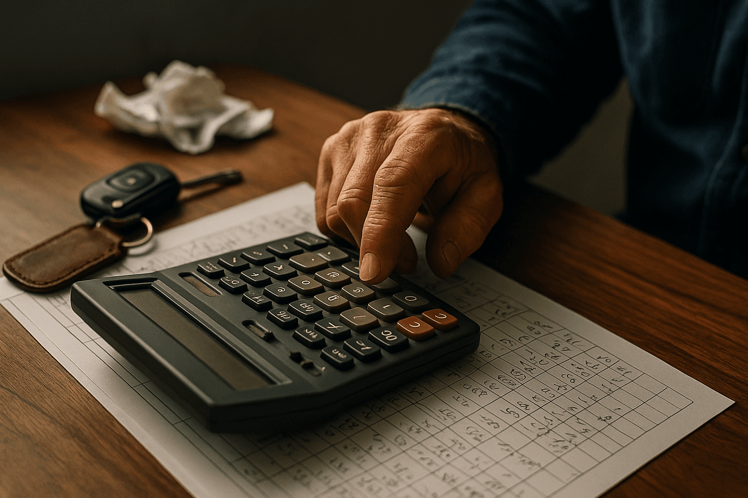 Mão calejada de gestor de frota apertando as teclas de uma calculadora de mesa apoiada sobre uma planilha de papel com anotações de custos feitas à mão; ao lado, uma chave de van com chaveiro de couro gasto e um recibo amassado sobre uma mesa de madeira escura, sob luz natural lateral vinda de uma janela