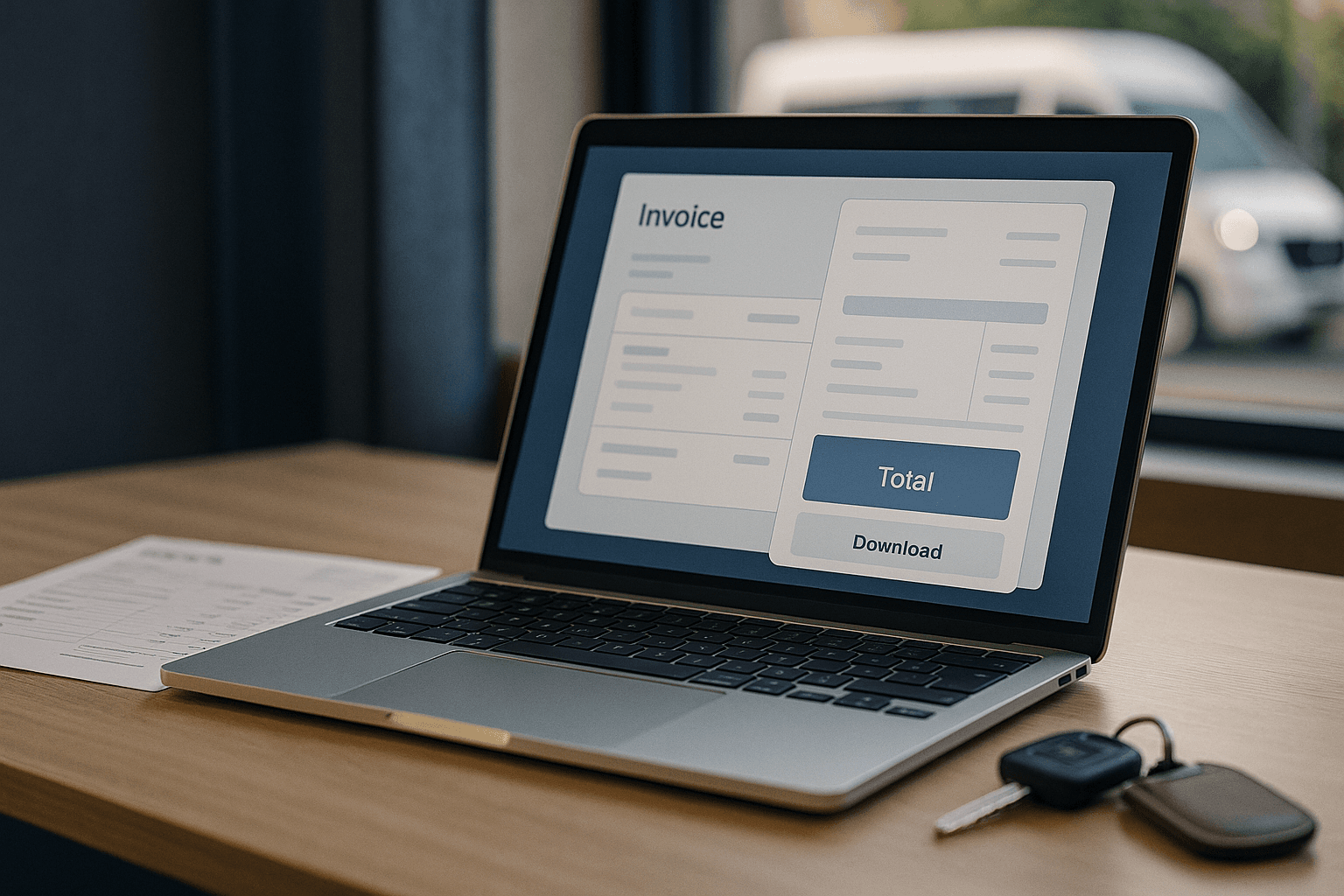 Notebook prata sobre mesa de madeira clara exibindo na tela uma nota fiscal de serviço eletrônica com o total em destaque e um botão de download; à esquerda, um documento impresso em foco suave e, à direita, uma chave de van com chaveiro de couro; ao fundo, através da janela, uma van de turismo branca sob luz natural lateral.