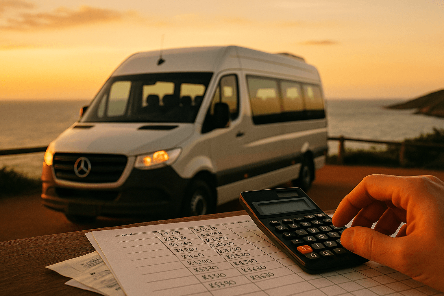Van Sprinter branca estacionada em mirante litorâneo de Búzios no fim da tarde, céu laranja sobre o oceano; em primeiro plano, mão segurando calculadora sobre planilha de papel com anotações de valores em R$ e quilômetros da rota