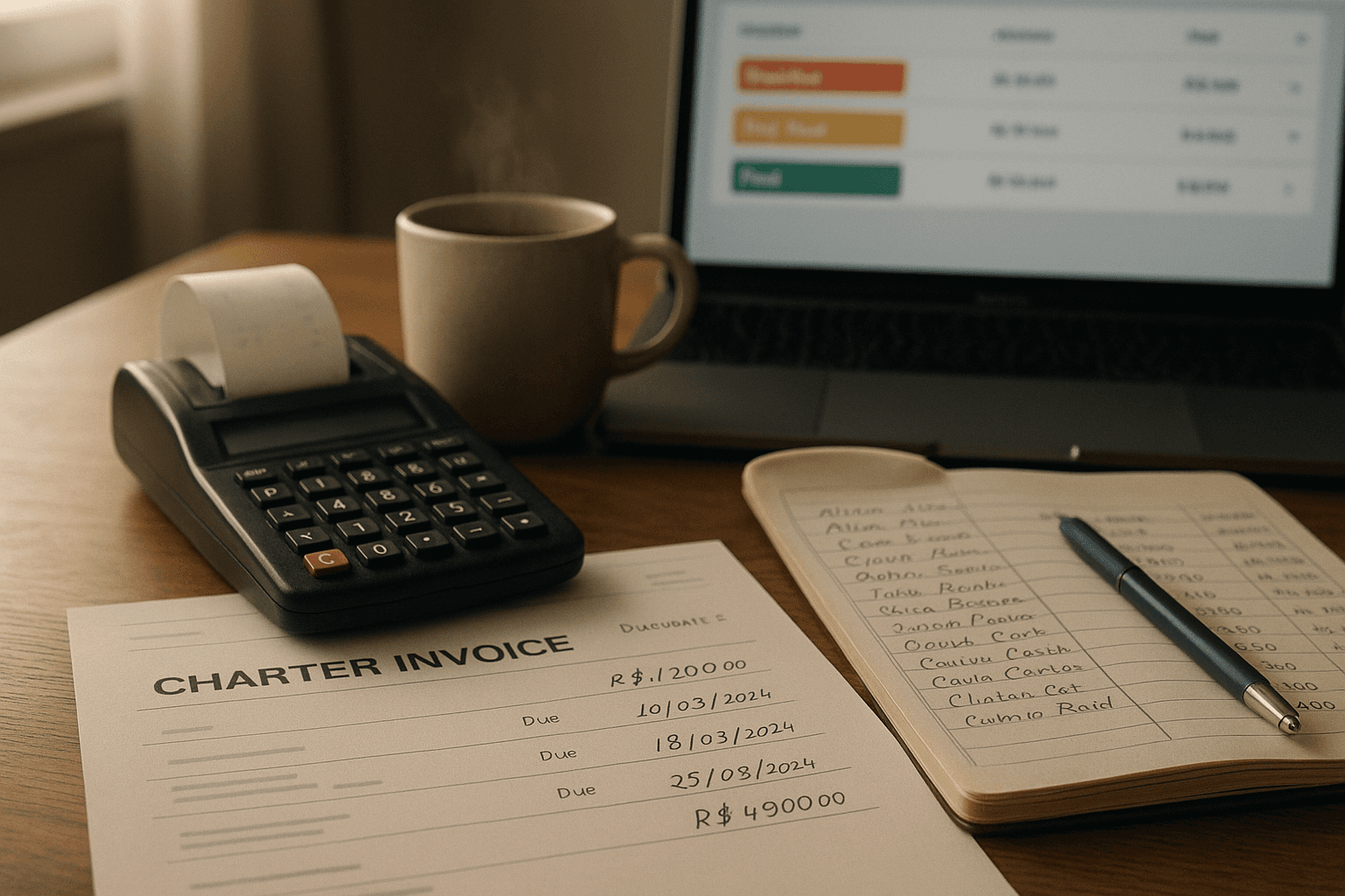 Mesa de escritório de empresa de transporte ao sol da manhã: fatura impressa de fretamento com valores em R$ anotados à mão, calculadora preta, caneca de café e lista manuscrita de clientes; ao fundo notebook desfocado mostrando painel de faturas com status em cores