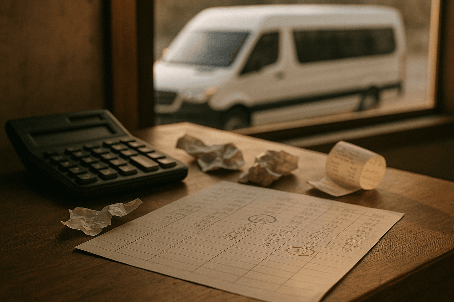 Mesa de madeira de dono de empresa de transporte ao fim do dia, sob luz quente de fim de tarde: calculadora preta, comprovantes de pedágio e combustível amassados e uma folha manuscrita com a conta de uma viagem em colunas de números — um valor circulado em verde (viagem lucrativa) e outro circulado em vermelho (viagem no prejuízo). Ao fundo, uma van branca de passageiros desfocada pela janela.