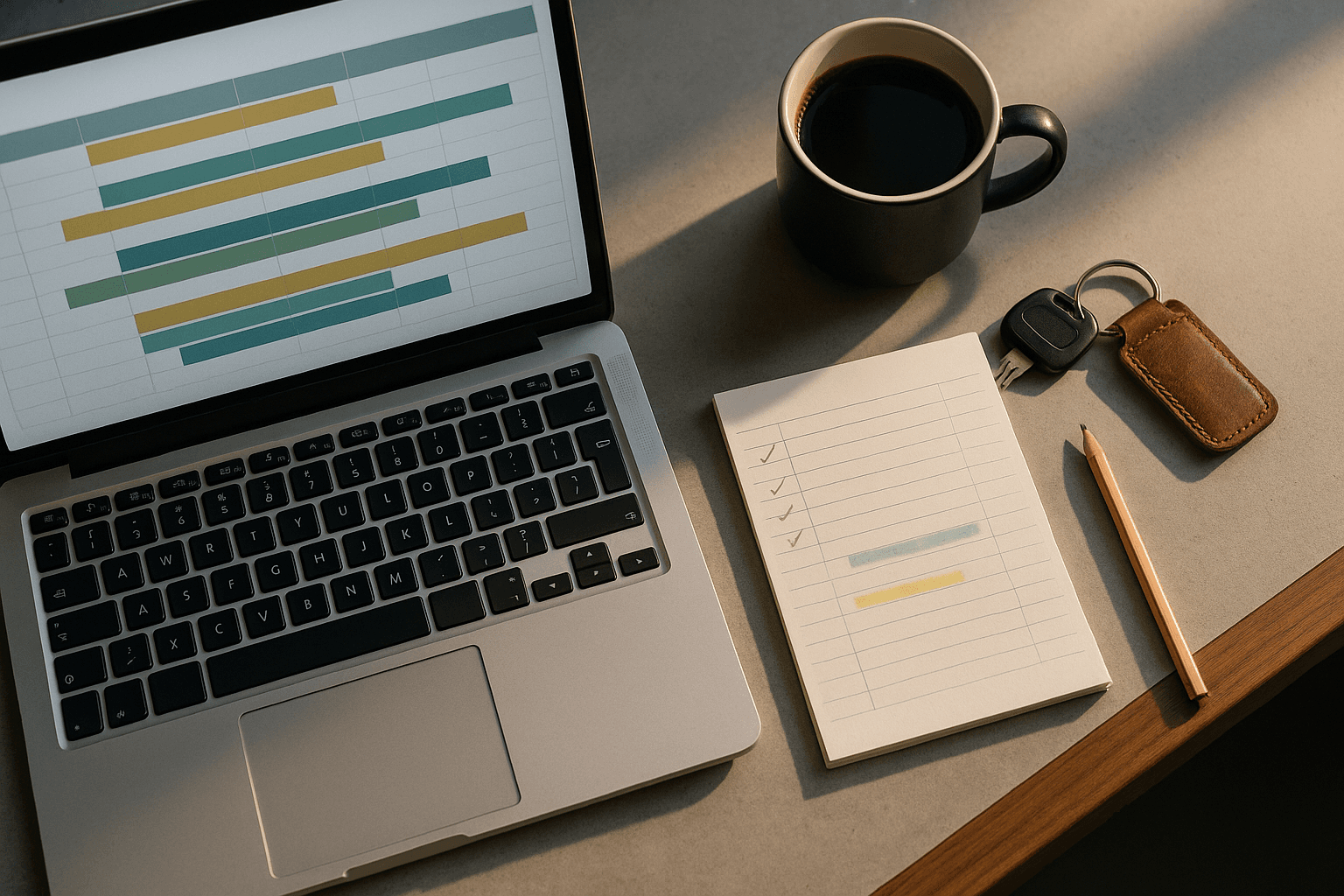 Vista de cima de uma mesa de operação de transporte: notebook com a agenda do dia em blocos coloridos distribuindo os serviços entre os motoristas, folha de escala com marcações à mão, xícara de café preto, lápis e a chave de uma van com chaveiro de couro, sob luz da manhã