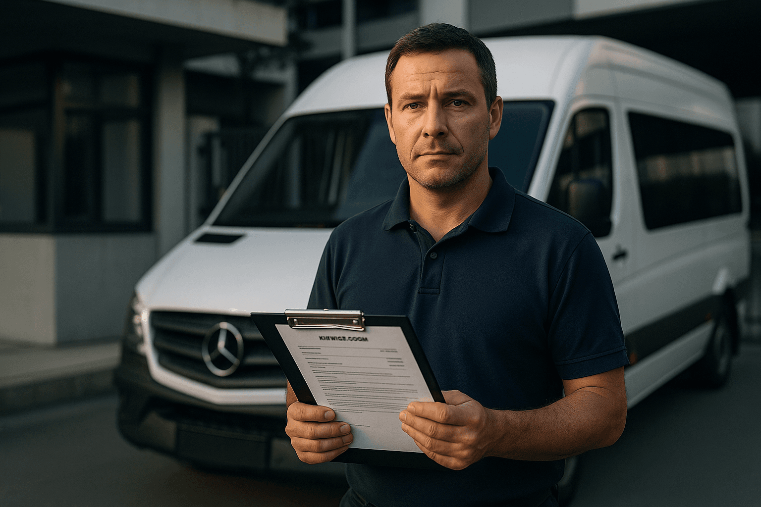 Motorista uniformizado de polo navy em frente a uma van executiva branca estacionada na portaria de um condomínio empresarial moderno em manhã clara, segurando uma prancheta com a ordem de serviço impressa em papel A4