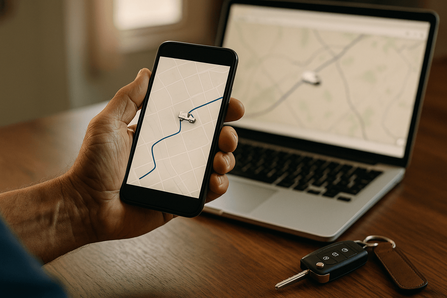 Mão de motorista segurando um celular com o mapa de rastreamento em tempo real, mostrando o trajeto e o marcador de uma van, ao lado de um notebook que exibe o mesmo mapa ao vivo sobre a mesa de madeira.