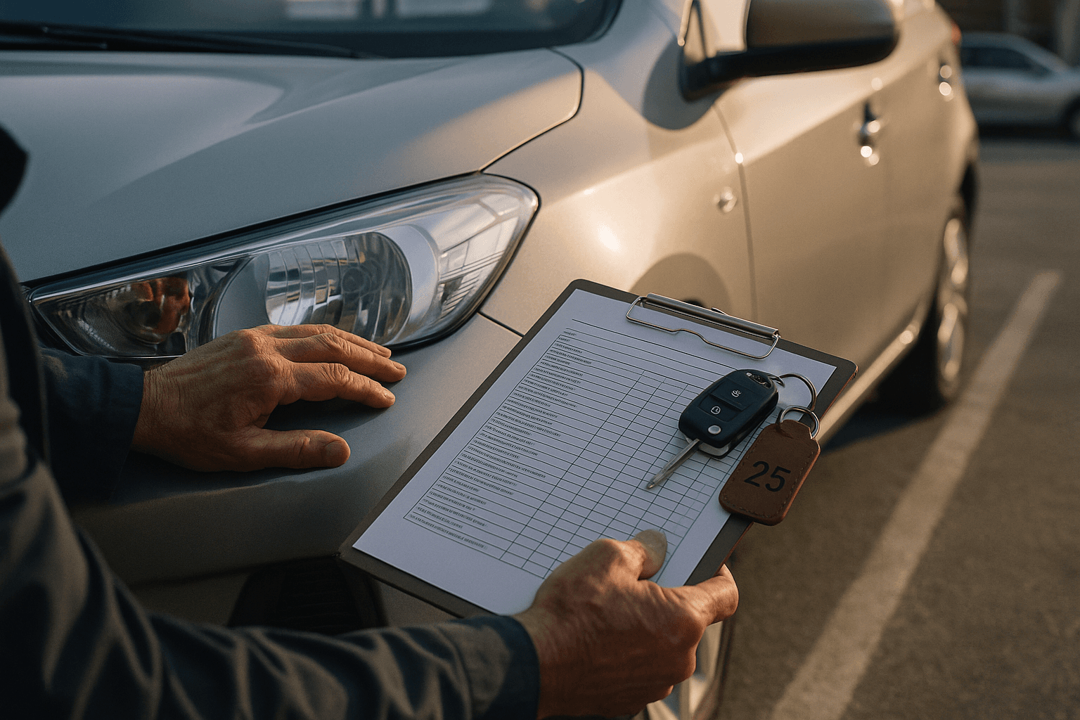Mãos de um atendente de locadora segurando uma prancheta com a ficha de vistoria impressa, uma das mãos apoiada no para-lama dianteiro de um sedan compacto prateado estacionado, com a chave do veículo e uma etiqueta de couro numerada 25 sobre a prancheta, sob luz lateral quente de início de manhã no pátio da locadora.