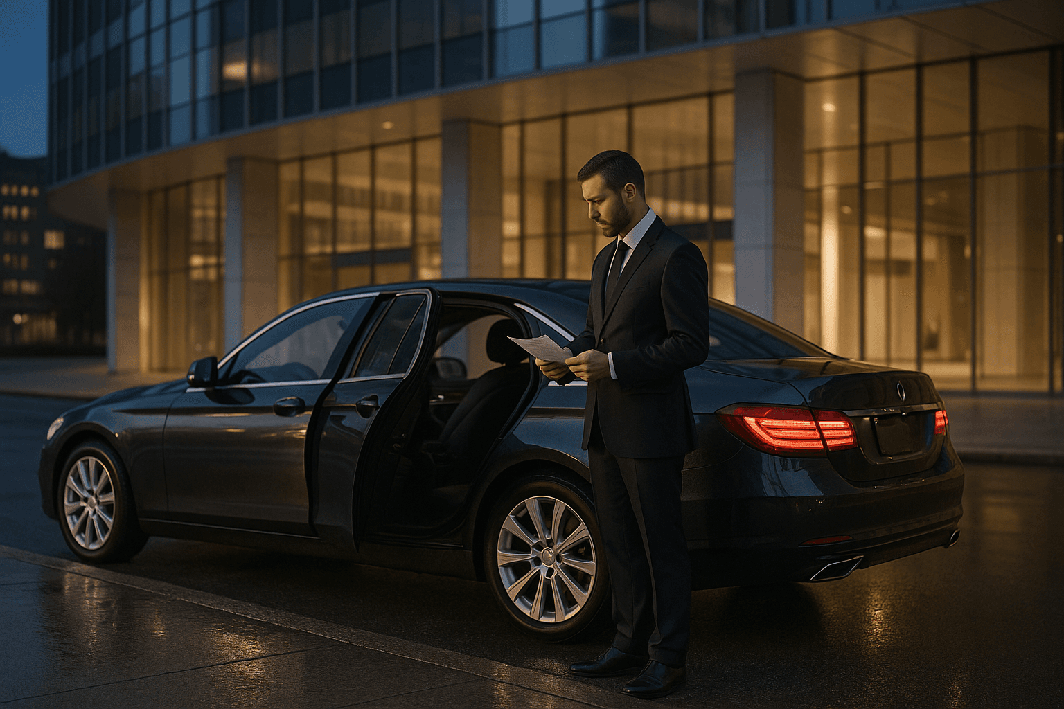 Sedan executivo preto estacionado com a porta traseira aberta em frente a um edifício corporativo de vidro no fim de tarde; ao lado do carro, um motorista de terno escuro lê com atenção um documento de papel na mão, com o asfalto molhado refletindo a luz quente das janelas do prédio
