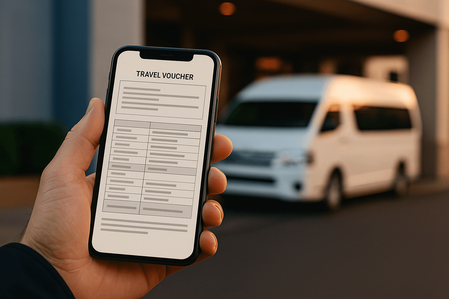 Mão segurando um celular que exibe um voucher de transfer com cabeçalho e campos organizados, e ao fundo, desfocada, uma van de turismo branca parada na entrada de um hotel sob a luz do amanhecer.
